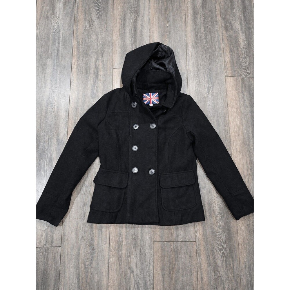 Miss London Women's Hooded Peacoat Black Double Breasted Coat Size M